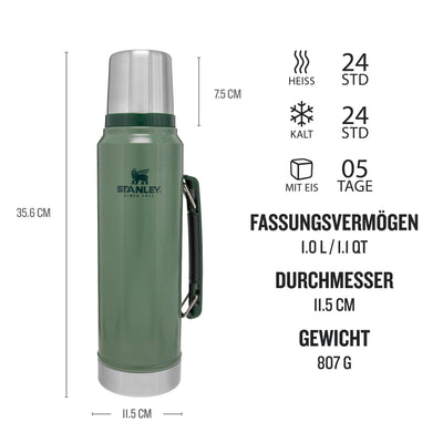 Stanley Classic Legendary Thermosflasche 1L - Thermos Hält 24 Stunden Heiß oder Kalt - Edelstahl Thermoskanne - BPA-Frei - Spülmaschinenfest - Hammertone Green