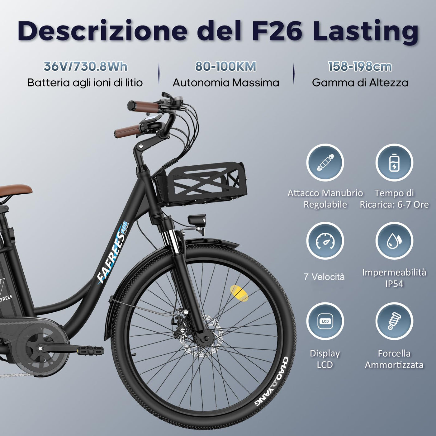 Fafrees Elektrofahrrad 160 km-200 km, E-Bike für Damen und Herren, 26 Zoll Elektrofahrrad mit 20,3 Ah abnehmbarer Batterie, Ebike 250 W für Stadt, Elektrofahrrad F26 Lasting EAPC 2024, grau