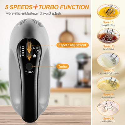 Stabmixer NWOUIIAY Handmixer Elektrischer 500W 5 Geschwindigkeitsstufen 6-in-1 Set mit Schneebesen Knethaken Teigrührer Handrührgerät mit Ein-Knopf-Auswurf für Backen Desser