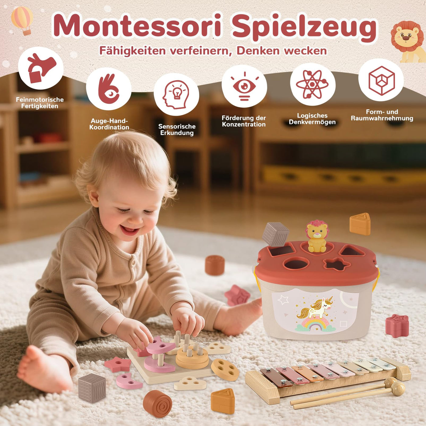 5 in 1 Baby Spielzeug 6 Monate, Montessori Spielzeug Baby, Motorikspielzeug, Stapelspielzeug Blöcken, Sensorik Spielzeug, Babyspielzeug ab 6 9 12 Monate Lernspielzeug Geschenk 1 Jahr Mädchen Junge