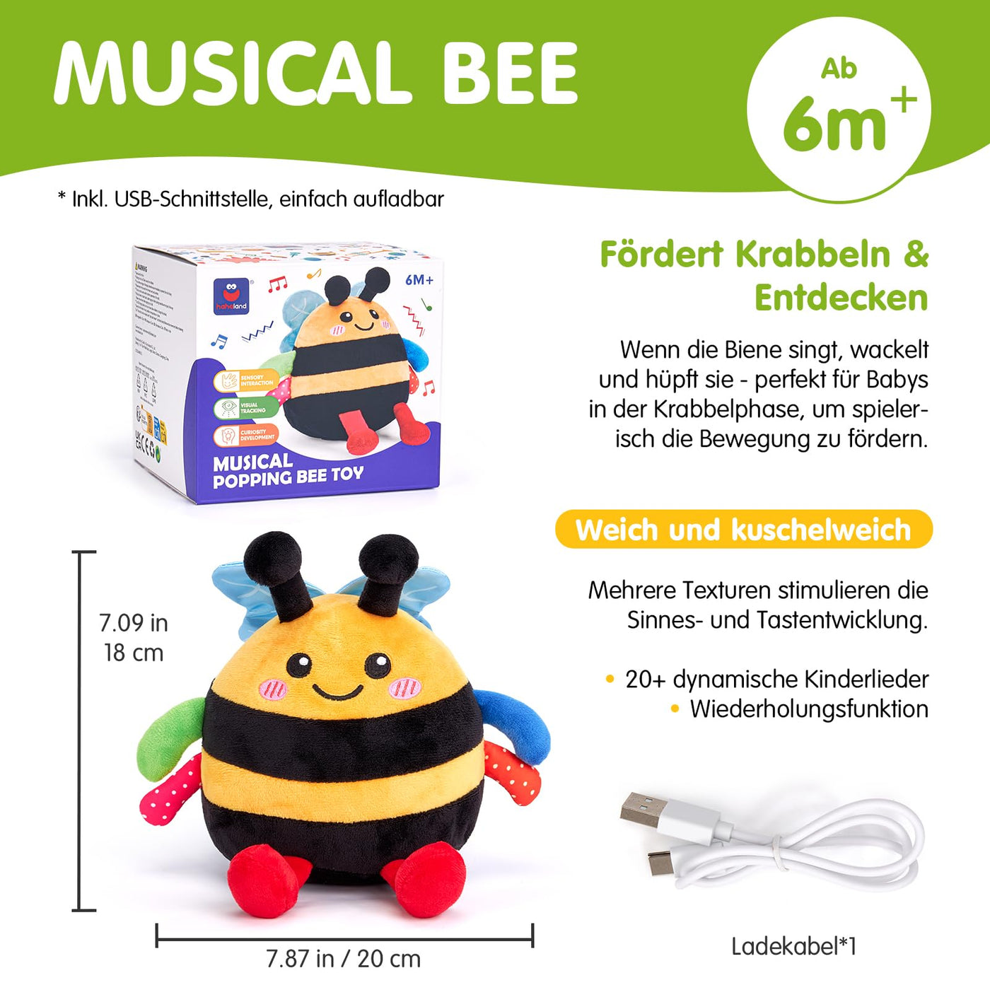 hahaland Baby Spielzeug 6 7 8 9 10 12 Monate,Biene Kuscheltier, Musikalische Spielzeuge ab 1 2 Jahr Mädchen Jungen,Krabbelspielzeug Tummy Time Toy, Neugeborenes Geschenk