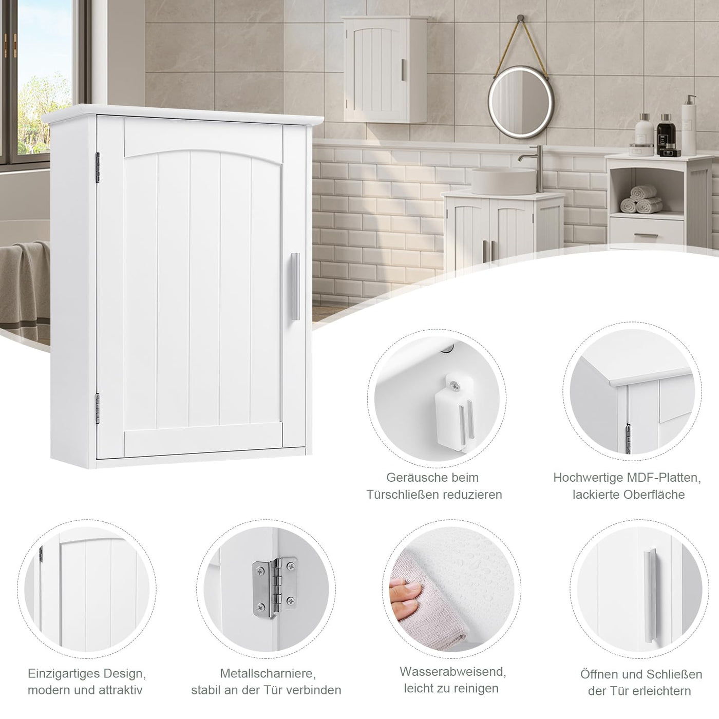 EUGAD Hängeschrank Bad, hängender Badezimmerschrank Badschrank Arzneischrank Medizinschrank, Wandschrank mit Tür, verstellbare Ablage, Weiß, 40x51x17 cm