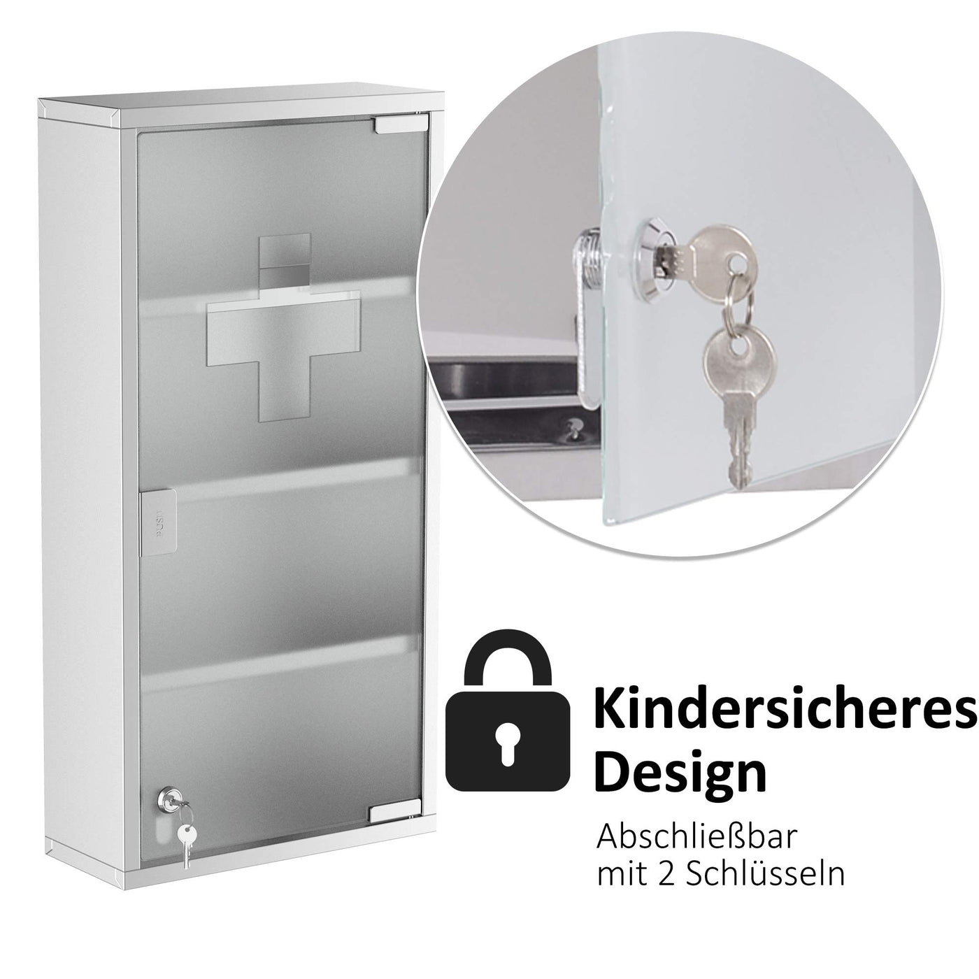 HOMCOM Medizinschrank mit Schloss, Edelstahl Arzneischrank für Erste Hilfe, 30 x 12 x 60 cm, abschließbar