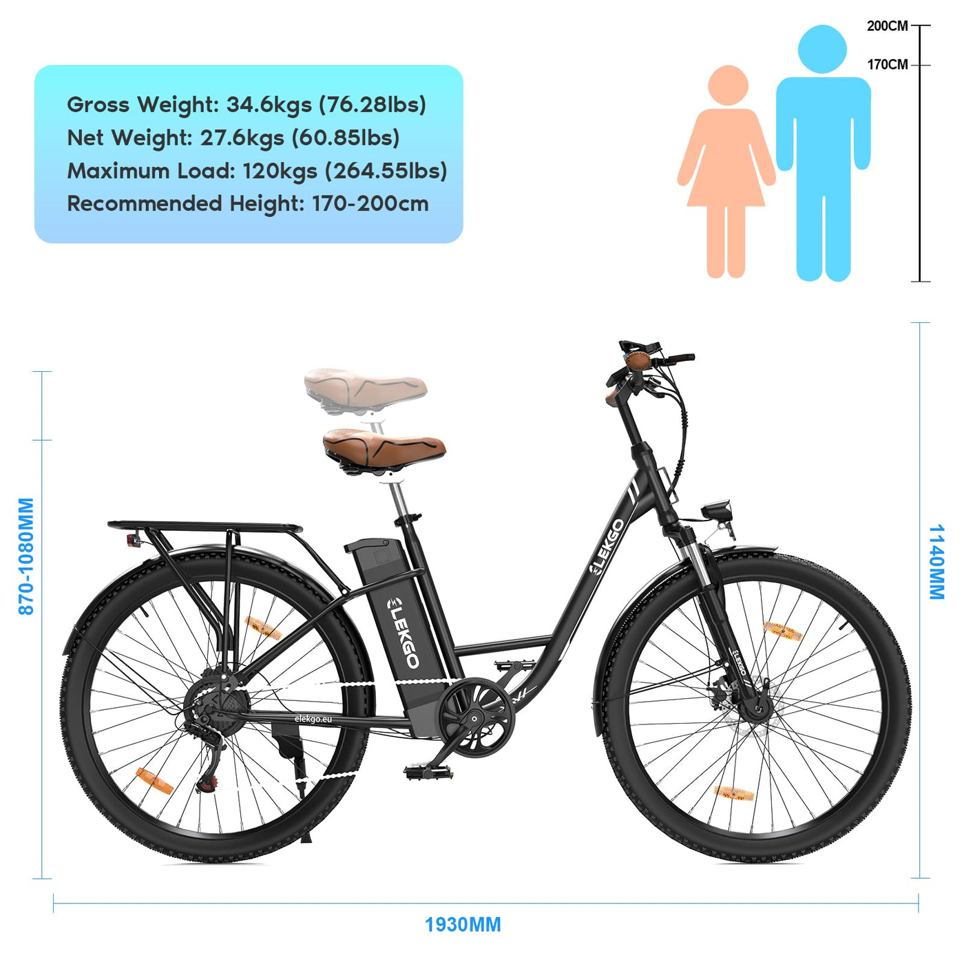 ELEKGO 28 Zoll E-Bike Elektrofahrrad, 7-Gang-Getriebe, 36V Abnehmbarer Akku, City Bike mit Geschwindikeit bis 25km/h，LCD-Display，Ausgestattet mit stoßdämpfenden Gabeln
