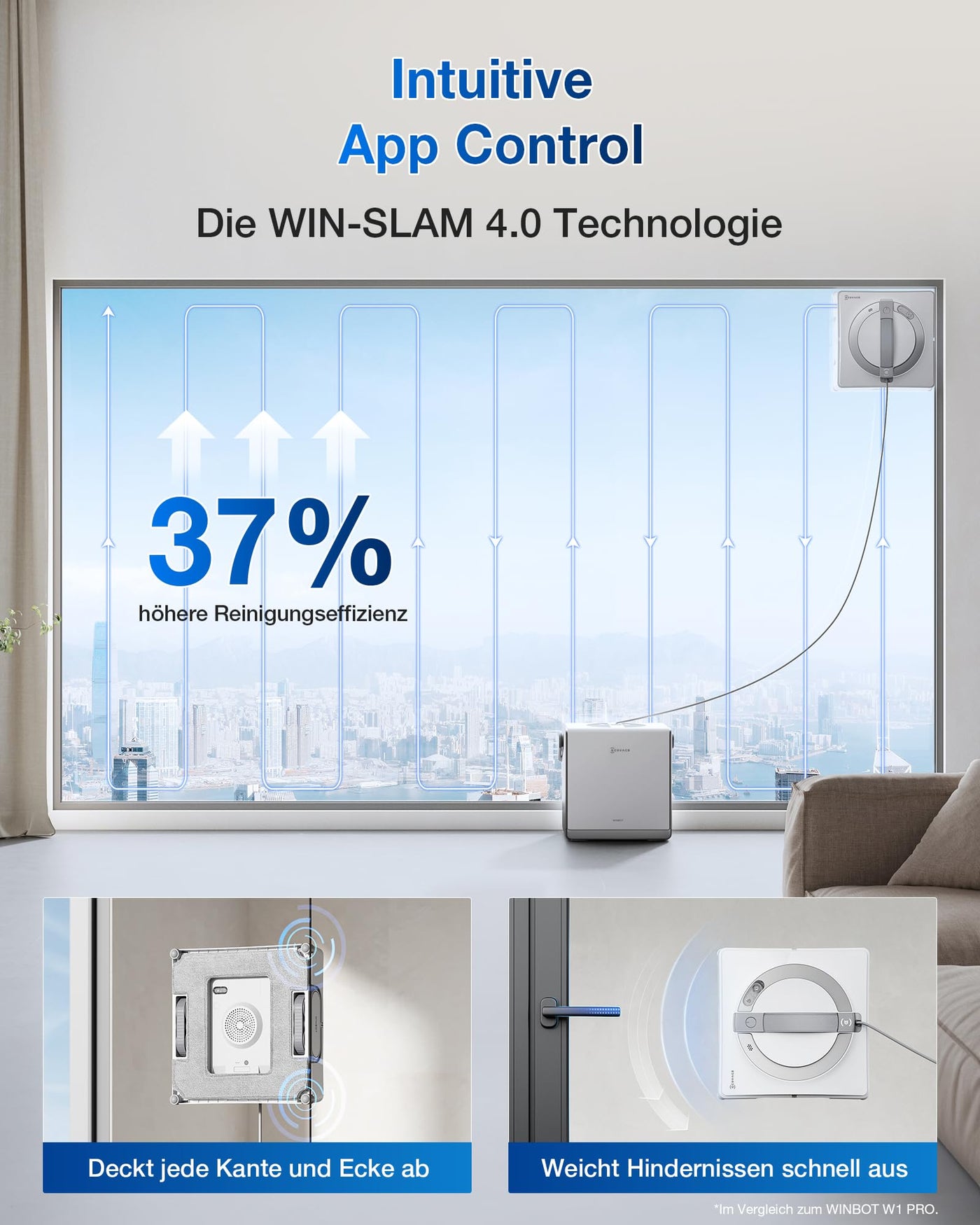 ECOVACS WINBOT W2 PRO Omni Fensterputzroboter mit 6-in-1 Multifunktionsstation, Aufladen im Betrieb, 3-Düsen-Sprühkopf, 12-Stufen-Schutz, Win-SLAM 4.0 Pfadplanung, Weiß