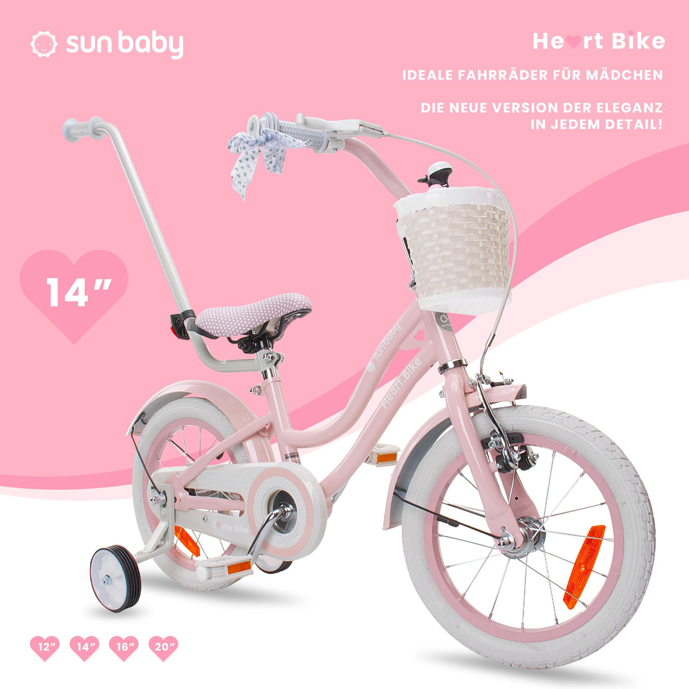 sun baby Mädchenfahrrad 14 Zoll Radgröße Heart Bike zur Auswahl, mit Abnehmbarer Schubstange, Kinderfahrrad für Mädchen von 2 bis 6 Jahre (Silver Moon Rosa, 14 Zoll)