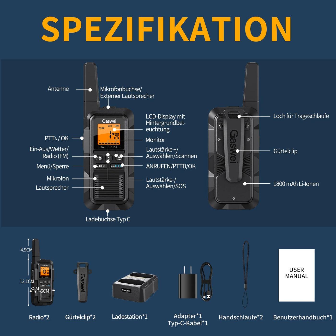 Gaswei G2Pro Professionelle Walkie-Talkies für Erwachsene [IP67 wasserdicht & schwimmfähig] Langstrecken-Funkgerät mit Doppel-PTT, SOS-Alarm,FM-Radio + Akku für Outdoor, (2er-Set in Schwarz)