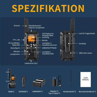 Gaswei G2Pro Professionelle Walkie-Talkies für Erwachsene [IP67 wasserdicht & schwimmfähig] Langstrecken-Funkgerät mit Doppel-PTT, SOS-Alarm,FM-Radio + Akku für Outdoor, (2er-Set in Schwarz)