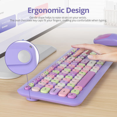 SOLIDEE Buntes kabellose Tastatur und Maus-Kombination,2.4GHz Retro Schreibmaschine Tastatur,104 Tasten in voller mit Ziffernblock,Leise membran Tastatur(Amerikanisch QWERTY)(Purple)