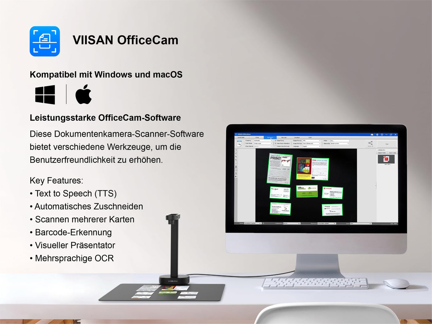 VIISAN Dokumentenscanner, 16MP USB tragbar, Aufnahmegröße A4, Deskewing, Scannen von mehrseitigen Dokumenten, OCR & TTS Tech, funktioniert mit Windows & MacOS