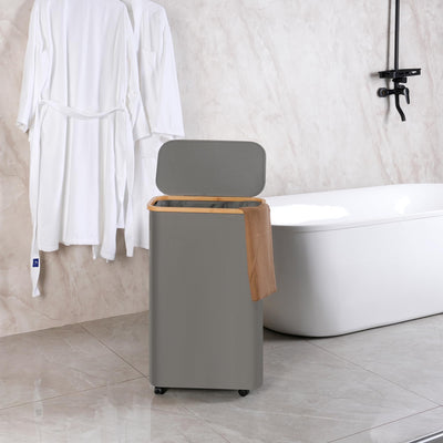 efluky 75L Wäschekorb mit Rollen, Schlanker Wäschekorb mit Deckel, Grau Faltbare Wäschebehälter mit Bambusgriffen und abnehmbarem Beutel für Schlafzimmer, Bad, Waschküche