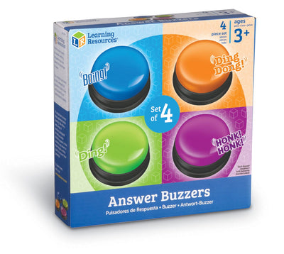 Learning Resources Antwort-Buzzer 4er-Set – Quiz- & Game-Show-Buzzer mit lustigen Soundeffekten, Ø 9 cm, Lernspielzeug ab 3 Jahren für Familie & Klassenzimmer