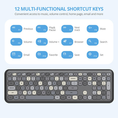 SOLIDEE Buntes kabellose Tastatur und Maus-Kombination,2.4GHz Retro Schreibmaschine Tastatur,104 Tasten in voller mit Ziffernblock,Leise membran Tastatur(Amerikanisch QWERTY)(Black Grey)