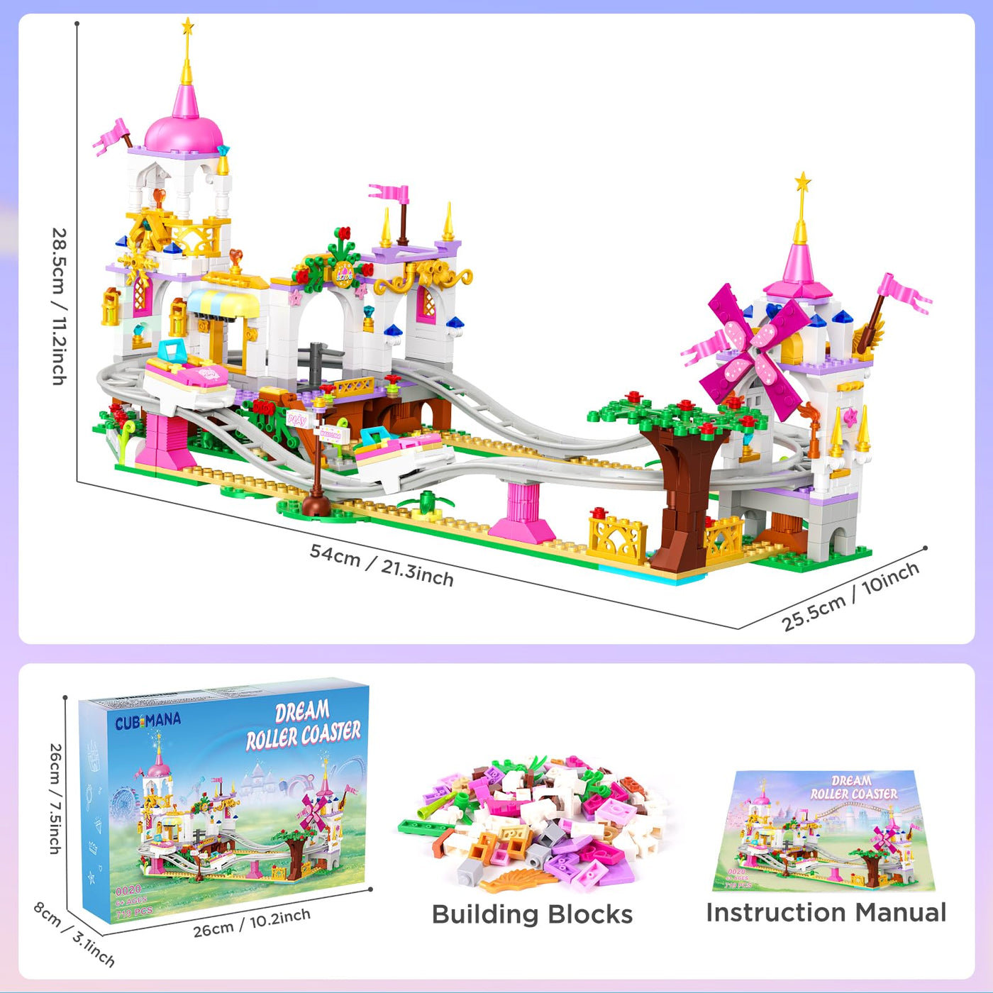 CUBIMANA Freund Achterbahn Baukasten - 719 Stück Mädchen City Vergnügungspark Achterbahn Baukasten Spielplatz Windmühle Bau Geburtstag Geschenk Spielzeug für Kinder Mädchen Jungen Alter 6 7 8 9 10 11+