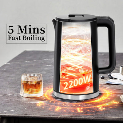 Aigostar Aubery - Wasserkocher Edelstahl 1,7 Liter, 2200W, Doppelwand Design Elektrischer Wasserkocher, 360°-Sockel, Abschaltautomatik, im modernen Design, BPA frei, Schwarz