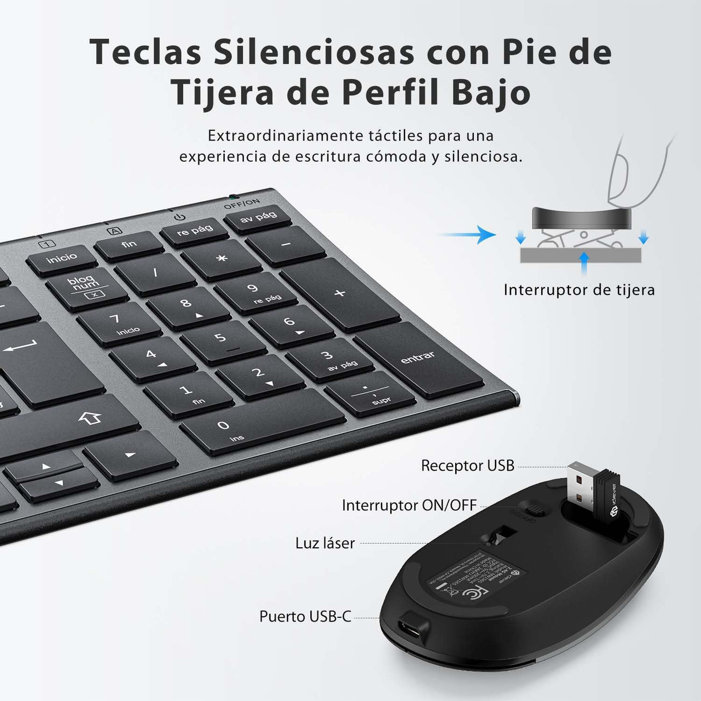 iClever Teclado y Ratón Inalámbrico GK03-QWERTY Español 2.4G Teclado Ratón Inalámbrico Con Batería Recargable, Diseño Ergonómico, Tamaño Compacto, Delgado y Fino, Conexión Estable