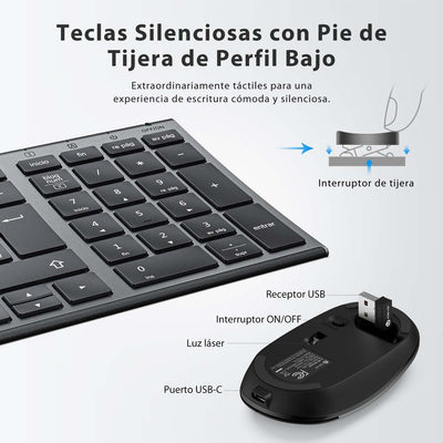 iClever Teclado y Ratón Inalámbrico GK03-QWERTY Español 2.4G Teclado Ratón Inalámbrico Con Batería Recargable, Diseño Ergonómico, Tamaño Compacto, Delgado y Fino, Conexión Estable