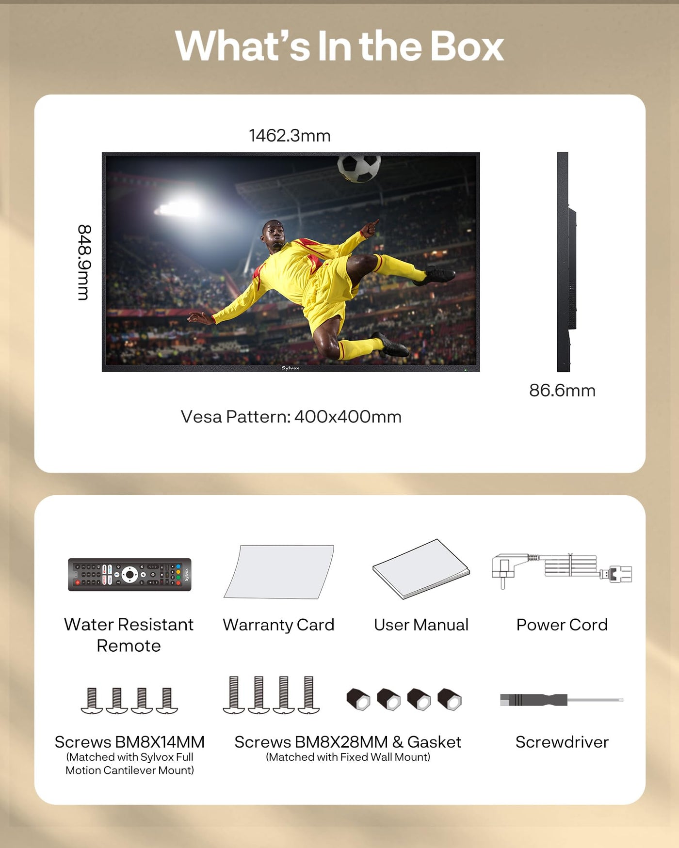 SYLVOX 65" Outdoor Fernseher, 120Hz| 4K Ultra HD | HDR 10 | Dolby Atmos | Google Outdoor TV, WiFi 5G & HDMI 2.1 Wetterfest und IP55 Wasserdicht TV, 1000 Nits Smart Fernseher für Gaming (Modell 2025)