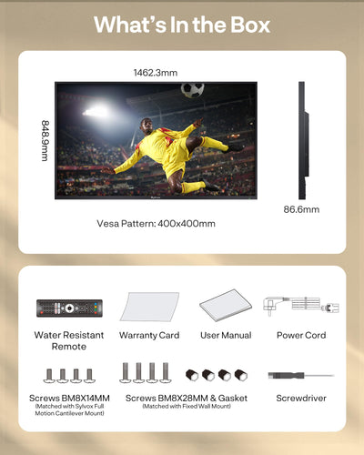 SYLVOX 65" Outdoor Fernseher, 120Hz| 4K Ultra HD | HDR 10 | Dolby Atmos | Google Outdoor TV, WiFi 5G & HDMI 2.1 Wetterfest und IP55 Wasserdicht TV, 1000 Nits Smart Fernseher für Gaming (Modell 2025)