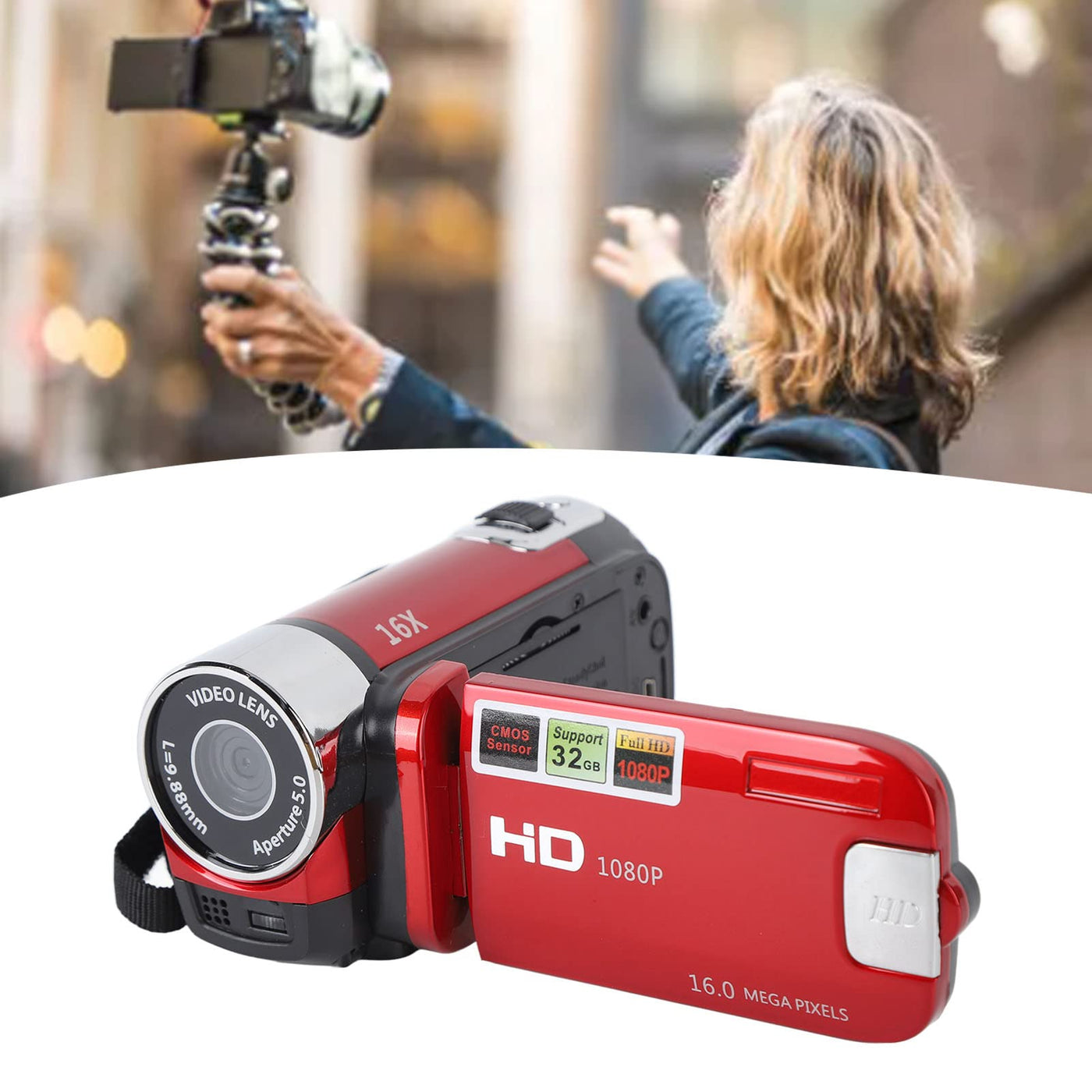 Digitalkamera, 2,7-Zoll-TFT-16-MP-16-fach-Zoom-HD-Vlogging-Kamera, 1020-mAh-Videokamera-Camcorder, für Anfänger und Kinder (Rot)
