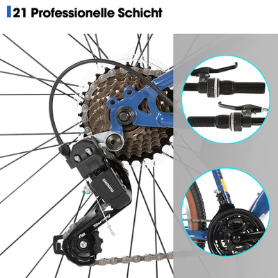 HILAND 26 Zoll Mountainbike für Herren und Damen, 21 Gänge Mountainbike, hochfester Stahlrahmen, V-Bremse, Hardtail MTB für Erwachsene, Blau