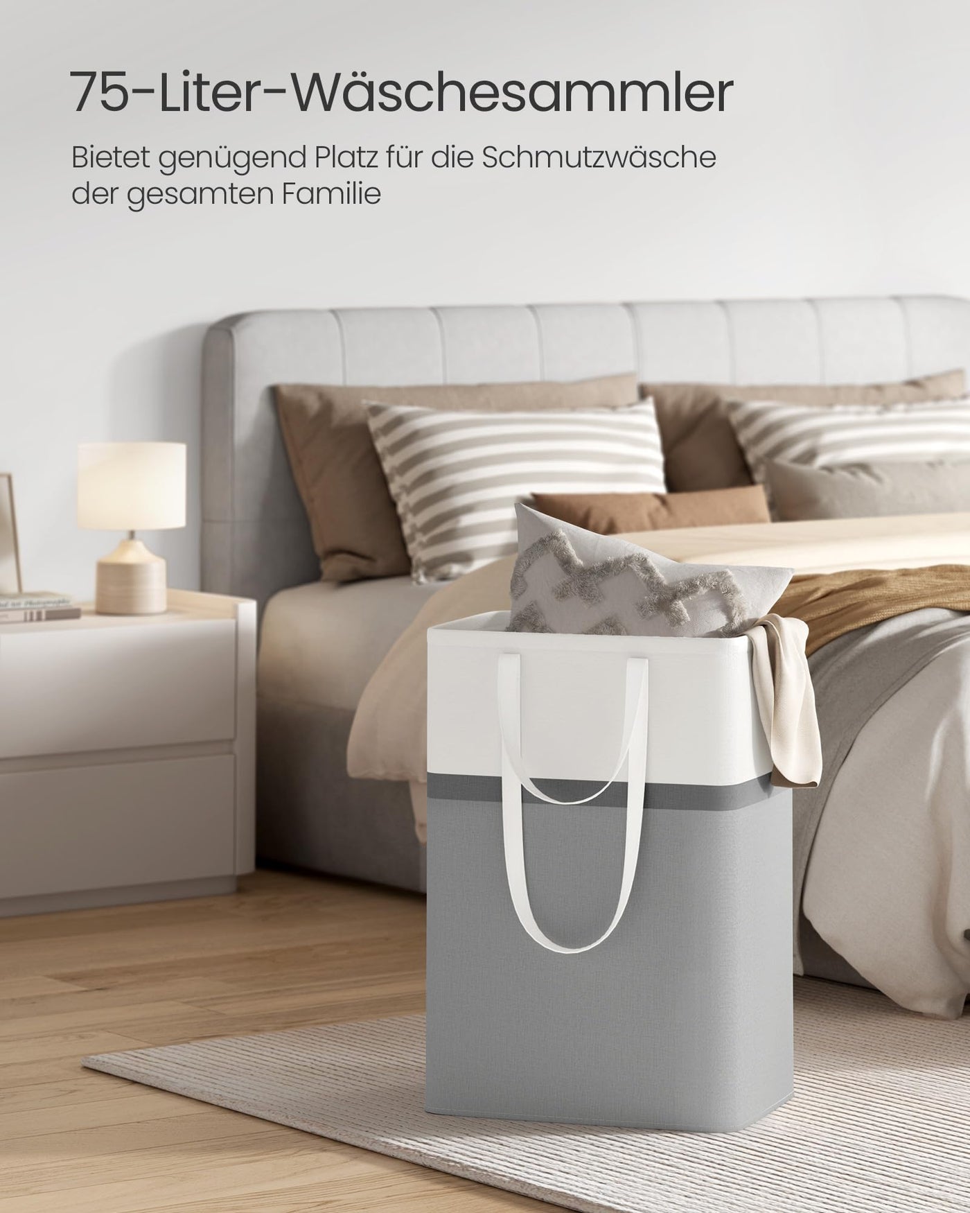 SONGMICS Pfandflaschen Sammelbehälter Wäschekorb 2er Set, 75 L Wäschesammler faltbar, mit langen Griffen, leicht zu tragen und zu reinigen, für Schlafzimmer Badezimmer, taubengrau LCB208G02