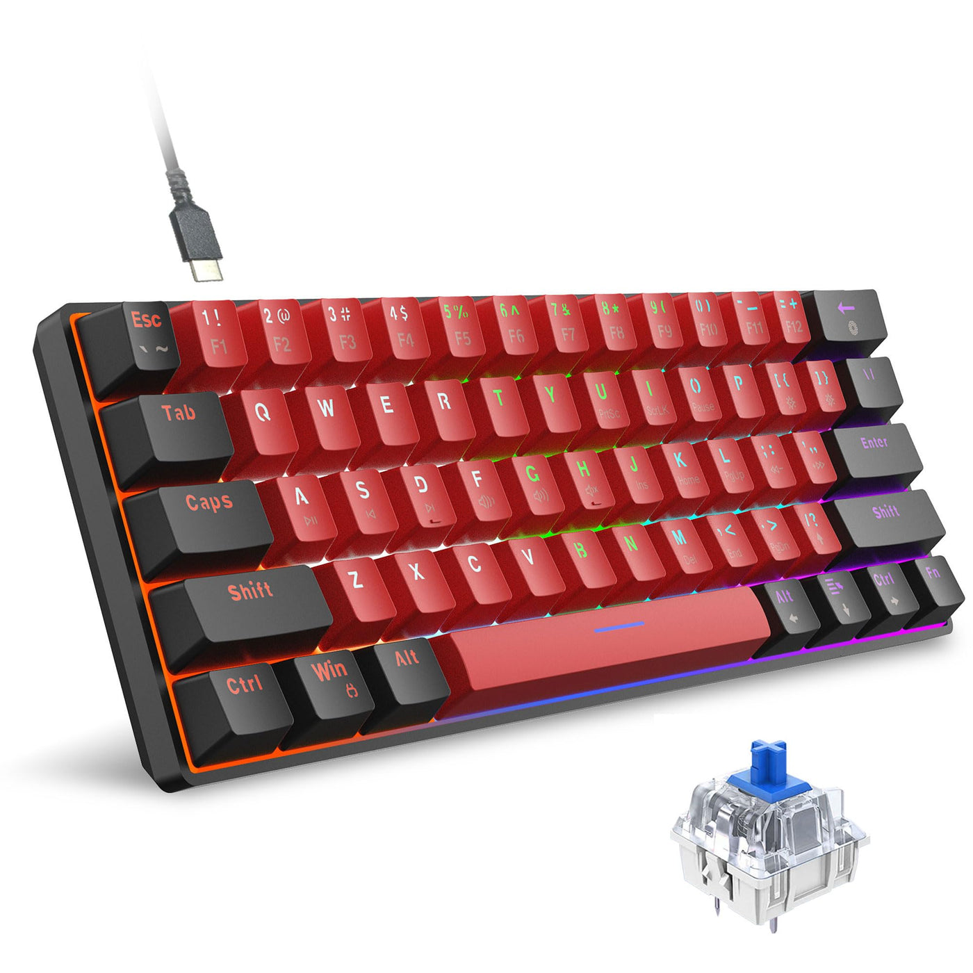 Snpurdiri 60% kabelgebundene mechanische Gaming-Tastatur, 61 Anti-Ghosting-Tasten, RGB-Hintergrundbeleuchtung, ultrakompakte Zwei Ständer (Blauer Schalter/Schwarz Rot)