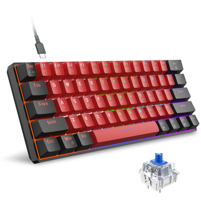 Snpurdiri 60% kabelgebundene mechanische Gaming-Tastatur, 61 Anti-Ghosting-Tasten, RGB-Hintergrundbeleuchtung, ultrakompakte Zwei Ständer (Blauer Schalter/Schwarz Rot)