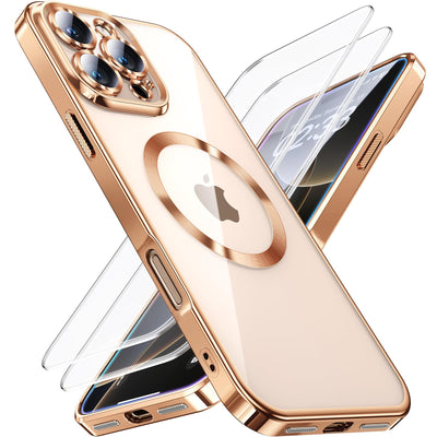 JUESHITUO 3 in 1 Hülle für iPhone 16 Pro,1 Handyhülle mit 2 Stück Schutzfolie, [Militärstandard] [TOP N56 Starke Magnete] Stoßfest Kratzfest Magsafe Case mit Kameraschutz, Titan Wüstensand