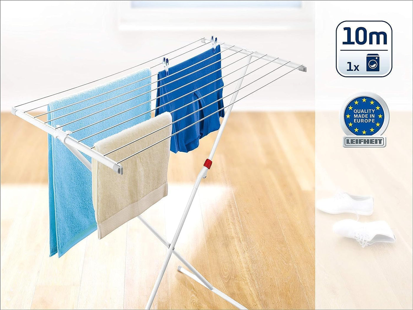 Leifheit Standtrockner Classic 100 Easy, schmaler Wäscheständer mit 10 m Trockenlänge für 1 Waschmaschineneladung, standfester Trockenständer mit Kindersicherung und Fußkappen, Wäscheständer