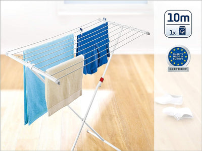 Leifheit Standtrockner Classic 100 Easy, schmaler Wäscheständer mit 10 m Trockenlänge für 1 Waschmaschineneladung, standfester Trockenständer mit Kindersicherung und Fußkappen, Wäscheständer