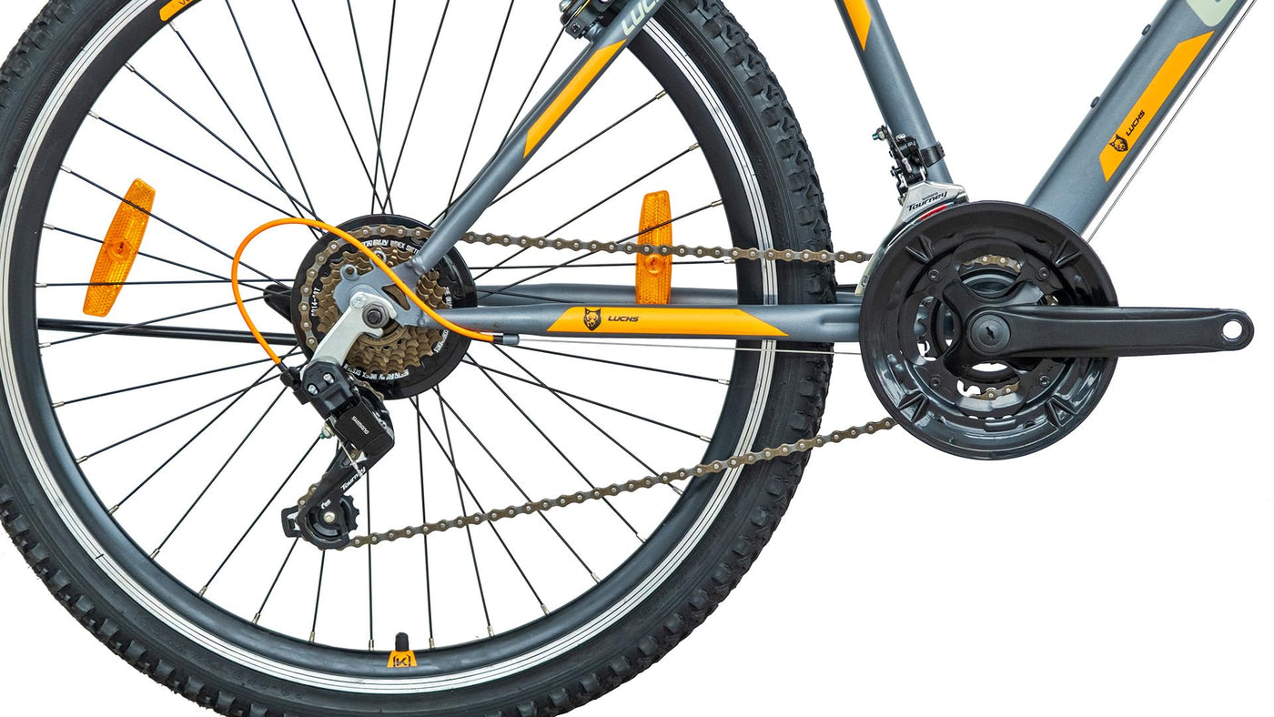 LUCHS "Kaku & Titan Mountainbike, MTB Jungen und Herrenfahrrad Vielseitiges Fahrrad mit 24", 26", 27.5" oder 29" und Federgabel (Silber/Orange, 24" Zoll (V-Brake))