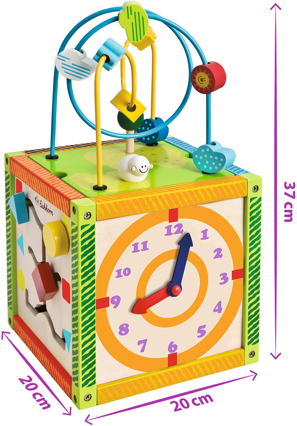 Eichhorn 100002235 buntes Spielcenter, Motorikwürfel mit Motorikschleife, Uhr, Motorikspiel, Drehspiel und 5 Steckbausteine, für Kinder ab 1 Jahr, Größe: 20x20x36 cm