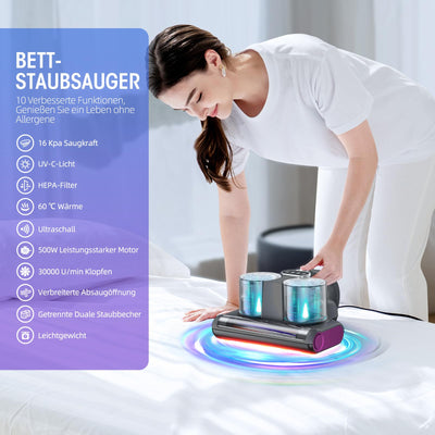 JPHYLL Milbensauger für Matratzen 16Kpa Matratzensauger mit 253,7nm UV-C-Licht Bett-Staubsauger HEPA Filter Ultraschall Heißer Wind Funktion Matratzenreiniger Milbenstaubsauger für Bett, Sofa 500W