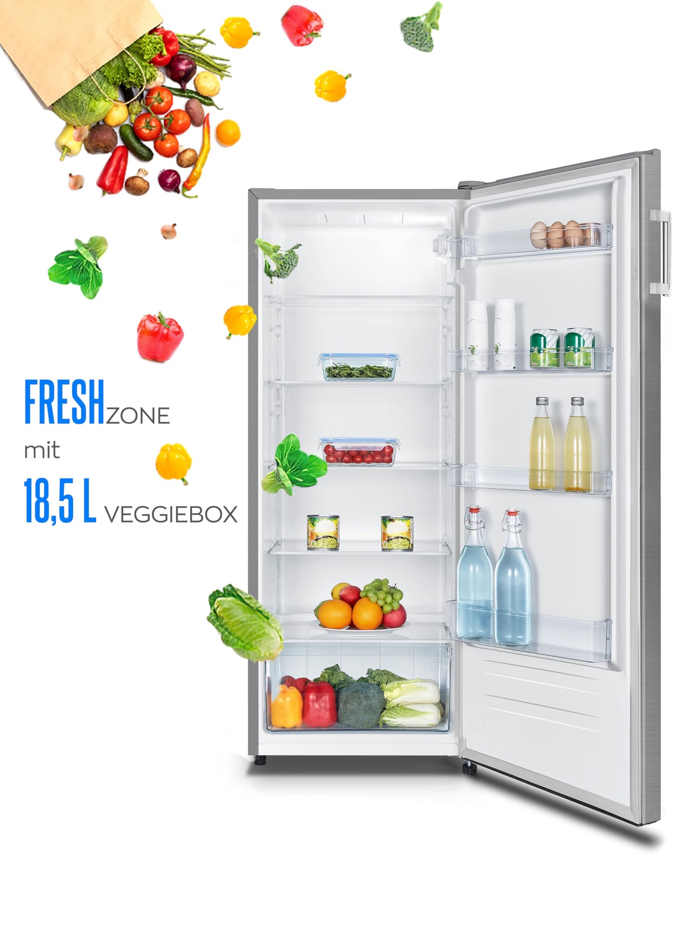 Heinrich´s freistehender Kühlschrank 242L, Vollraumkühlschrank, LED-Beleuchtung, Standkühlschrank mit 5Glasablagen+1Gemüsefach+4 Türablagen, Türanschlag wechselbar, leise 40dB, (inox)