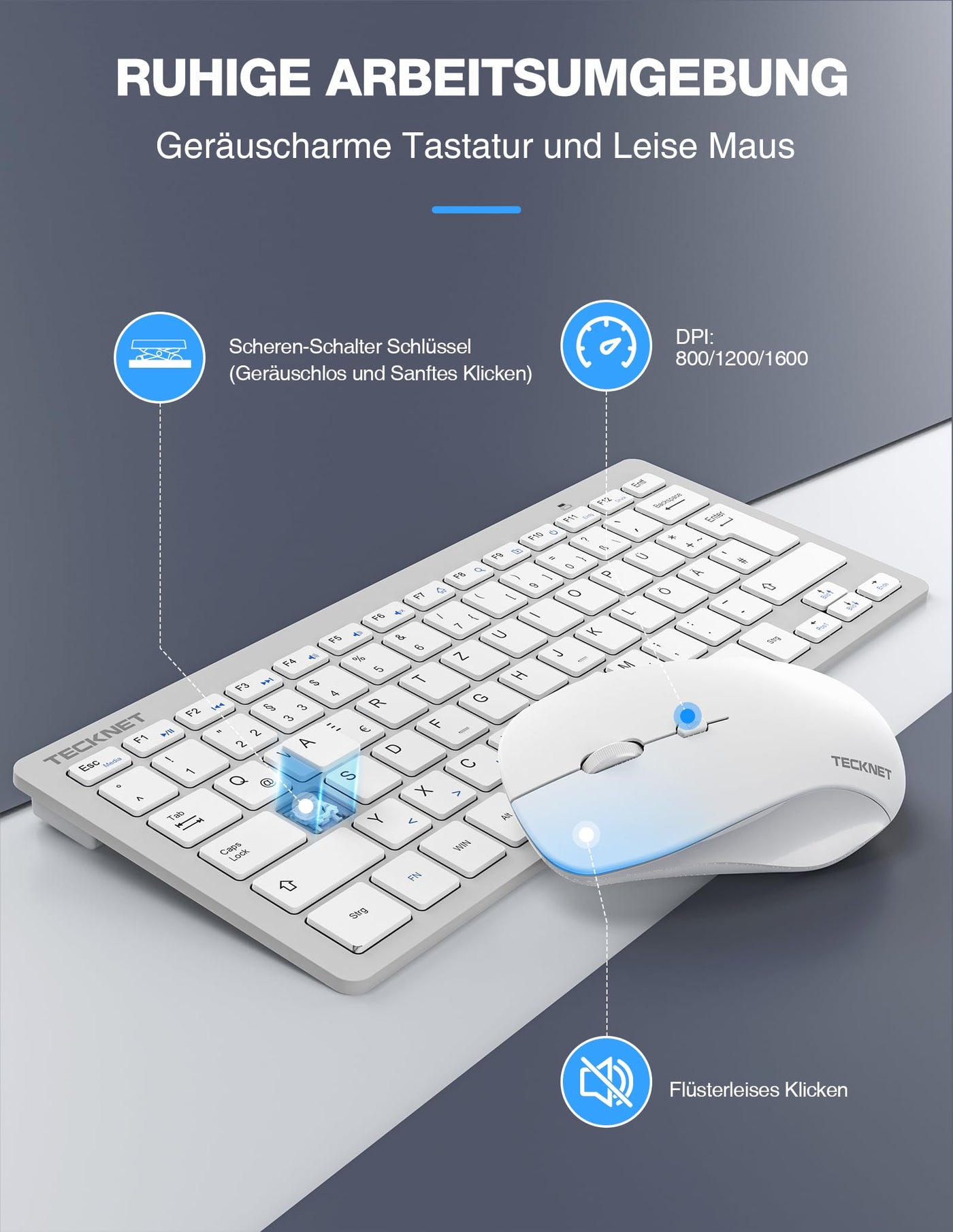 TECKNET Kabelloses Tastatur Maus Set, Deutsch QWERTZ Layout, 2.4 GHz Funk Mini Tastatur Mouse, 15m Reichweite Verbindung, Wireless Leise Funktastatur mit Maus für PC, Laptop, Smart TV, Silber
