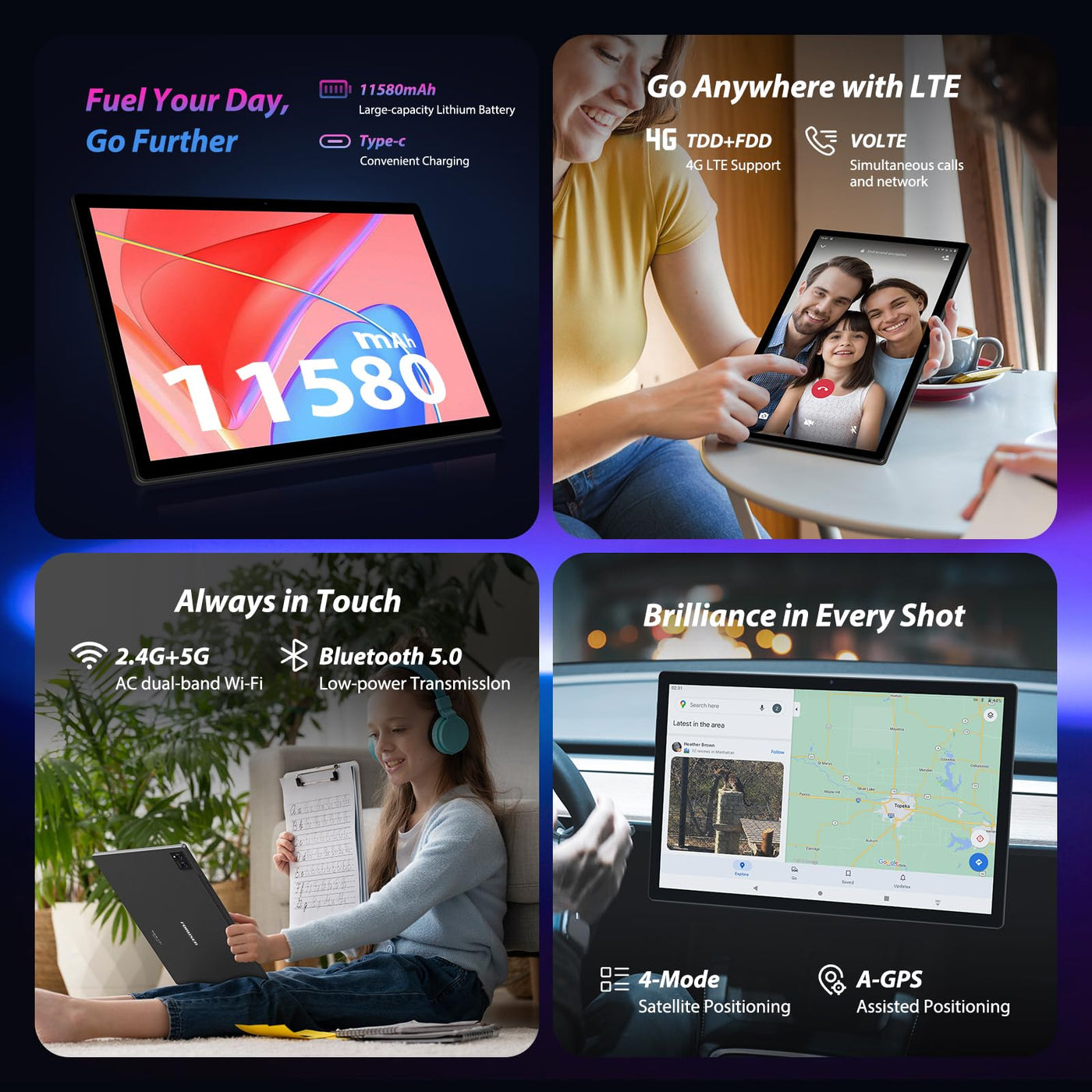 FORUSER Tablet 14 Zoll Android 14 mit Incell 2K Tablets, 36(12+24) GB RAM +256GB ROM (2TB TF), 11580mAh Akku, Octa-Core, 4G Dual SIM/5G WiFi/GPS,mit Stift und Hülle(Schwarz)