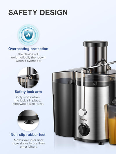 Reemix Entsafter Gemüse und Obst, Max Juicer Machine aus Edelstahl mit 3 Geschwindigkeitsstufen, 65mm Großem Mund Zufuhrschacht Zentrifugal Entsafter