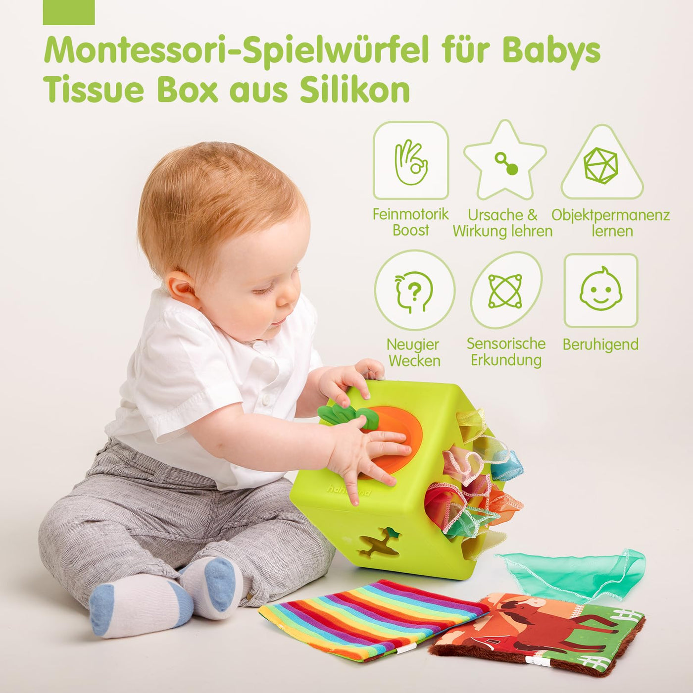 hahaland Baby Spielzeug 6 Monate - Silikon Tücher Box, Montessori Tücherbox Baby Sensorik Spielzeug, 6-in-1 Busy Würfel mit Tüchern, Spiegel, Beißring,Geschenk für Babyspielzeug ab 6 9 12 Monate