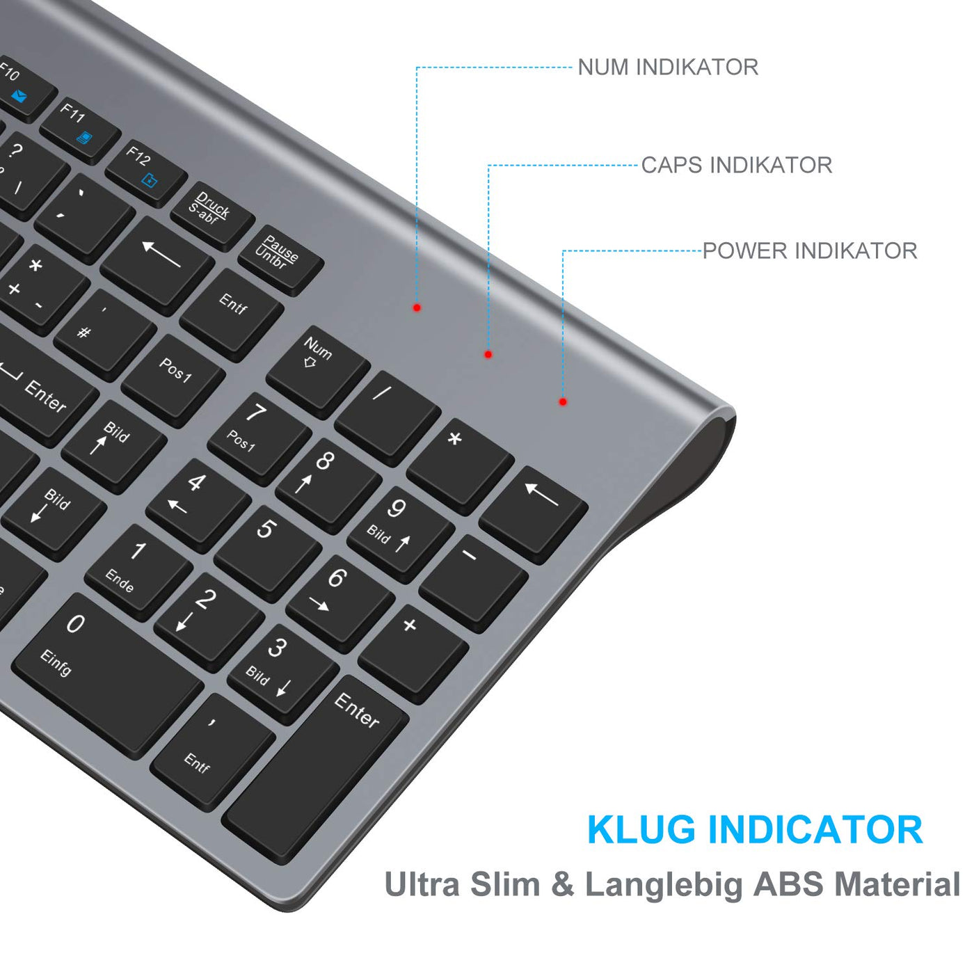 LeadsaiL Tastatur Maus Set Kabellos, 2,4 GHz USB-Empfänger Ultradünne Leise, Deutsch QWERTZ-Layout, 12 FN-Tasten Für Windows XP/7/8/10, PC, Laptop, Computer, Desktop - Grau