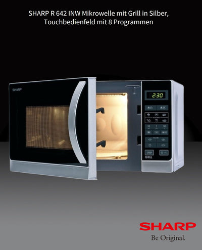 Sharp R642INW 2-in-1 Mikrowelle mit Grill/ 20 L/ 800 W/ 1000 W Quarzgrill/ 8 Automatikprogramme/ Timer/ Kindersicherung/ Energiesparmodus/ Glasdrehteller (25, 5 cm)/ silber