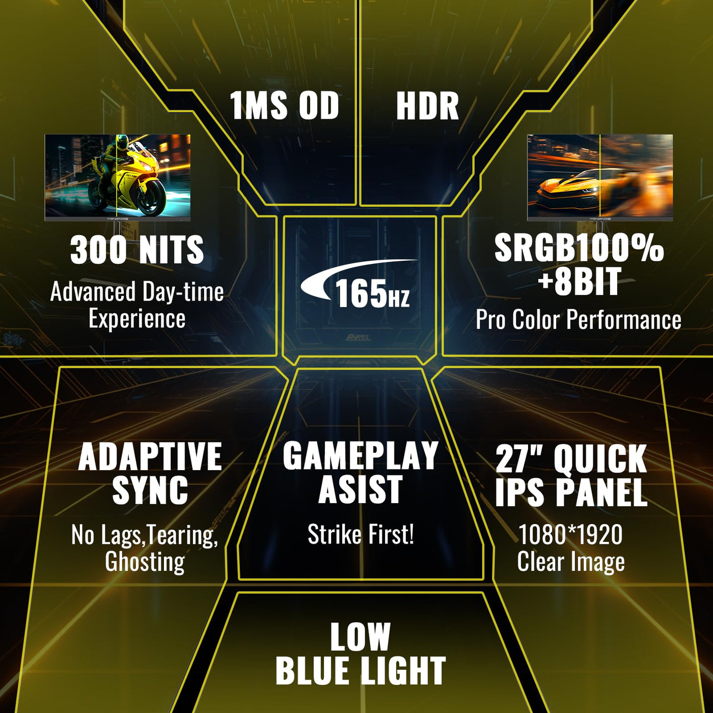 Minifire Gaming Monitor 27 Zoll, 165 Hz, 1ms, AdaptiveSync, IPS, 2xHDMI 2.0/1xDP 1.4 Ports, FHD, sRGB 110%, Monitor PC Bildschirm(MFG27F2 HDMI-Kabel im Lieferumfang enthalten)