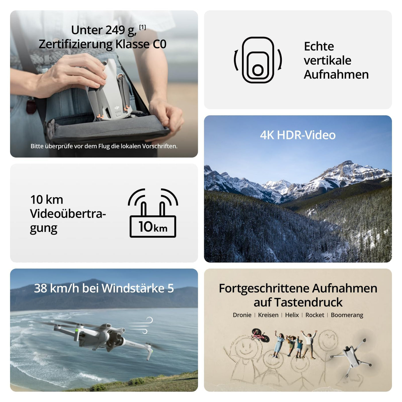 DJI Mini 3 Drohne – Ultraleichte Faltbare 4K HDR Video Kameradrohne unter 249g, 38 min Flugzeit, Echte Vertikalaufnahmen, 3-Achsen-Gimbal, 10 km HD-Videoübertragung, Windresistent, Autom. Rückkehr, C0