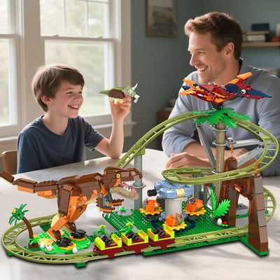 HOGOKIDS Dinosaurier Achterbahn Bausteine Spielzeug – 1222pcs Achterbahn Bauspielzeug mit 4 Dinosauriern, Geländewagen, Dinosauriermodellen, Geschenk für Erwachsene, Mädchen Jungen ab 8 Jahren