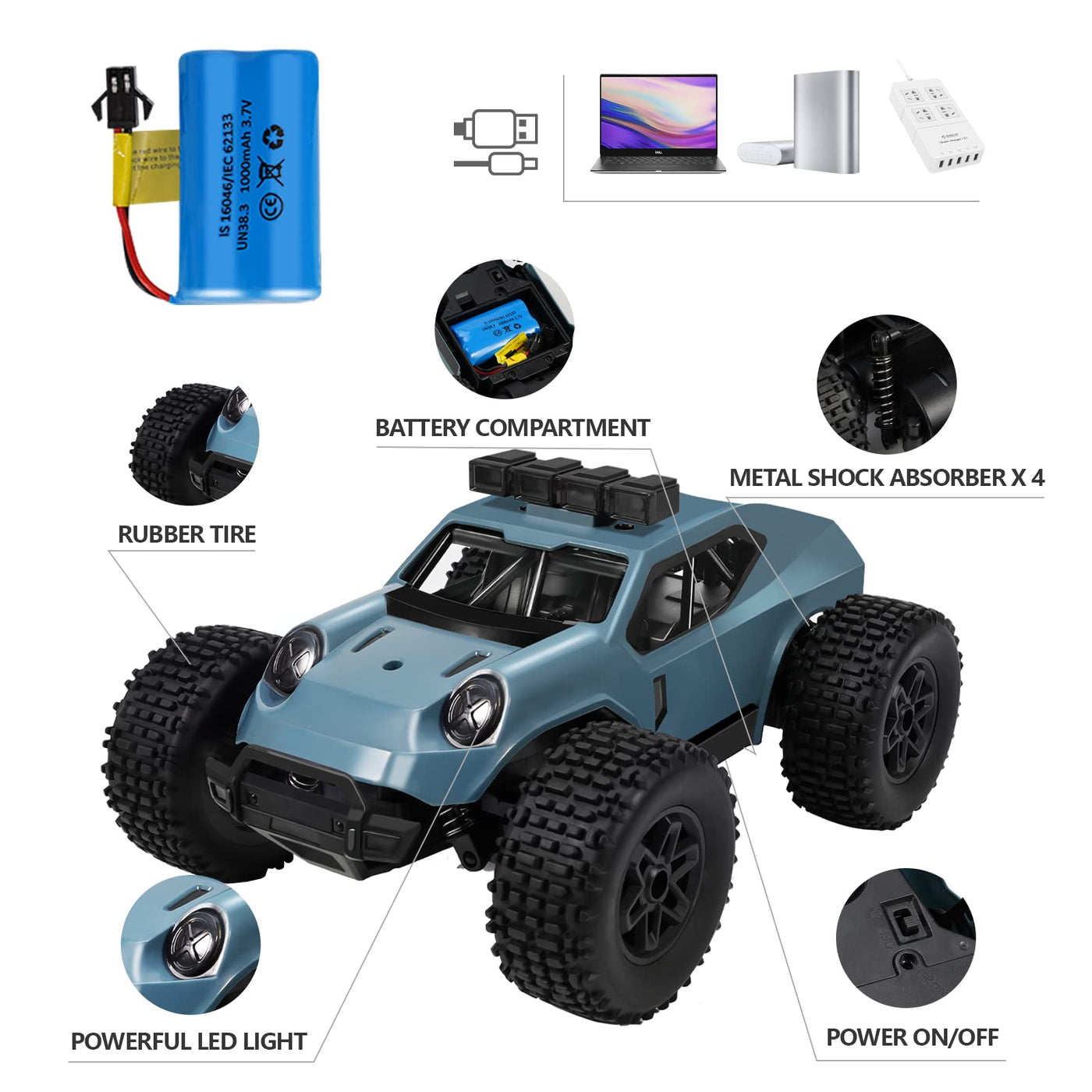 Kizeefun Ferngesteuertes Auto, 2.4Ghz 1/20 RC Auto Geländewagen 20 km/h Alle Gelände, Elektrisches Spielzeug, Offroad mit 2 AKKU 50min Spielzeit und LED Scheinwerfer, Geschenk für Kinder