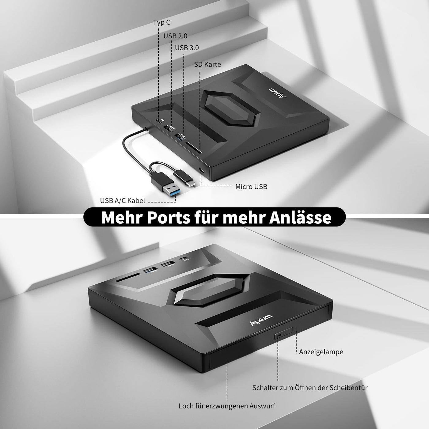 Alxum Externes CD DVD Laufwerk für Laptop,USB 3.0 Type C CD Laufwerk extern USB mit SD/TF Kartenleser und USB Anschlüsse,Externes DVD Laufwerk für Laptop,Desktop,MacBook,Windows,Linux,Mac OS,Vista
