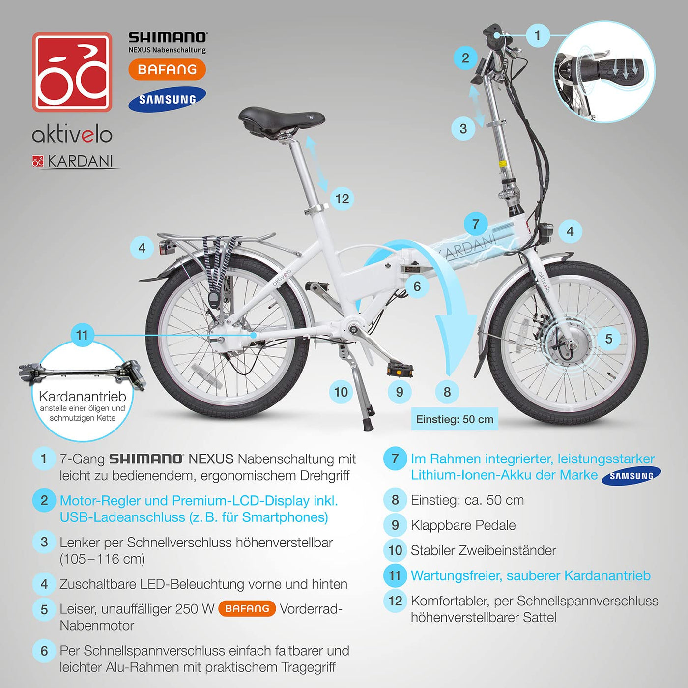 aktivelo E-Faltrad mit Kardanantrieb, klappbar Fahrrad, E-Bike, Akku 8,7 Ah mit 9 Motorunterstützungsstufen, LCD-Display & Alurahmen, inkl. Transporttasche Weiß