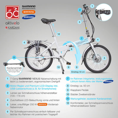 aktivelo E-Faltrad mit Kardanantrieb, klappbar Fahrrad, E-Bike, Akku 8,7 Ah mit 9 Motorunterstützungsstufen, LCD-Display & Alurahmen, inkl. Transporttasche Weiß