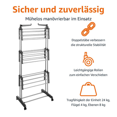 Amazon Basics Turm-Wäscheständer für innen mit faltbaren Flügeln, Garten, Grau, 126 x 64 x 173 cm (L x W x H)