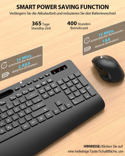 Tastatur Maus Set kabellos, Handballenauflage, Telefonhalter, Akku im Lieferumfang enthalten, 2.4G keine Latenz Ergonomische Tastatur kabellos Set, Leise Maus und Tastatur für Laptop, PC, Mac, Windows